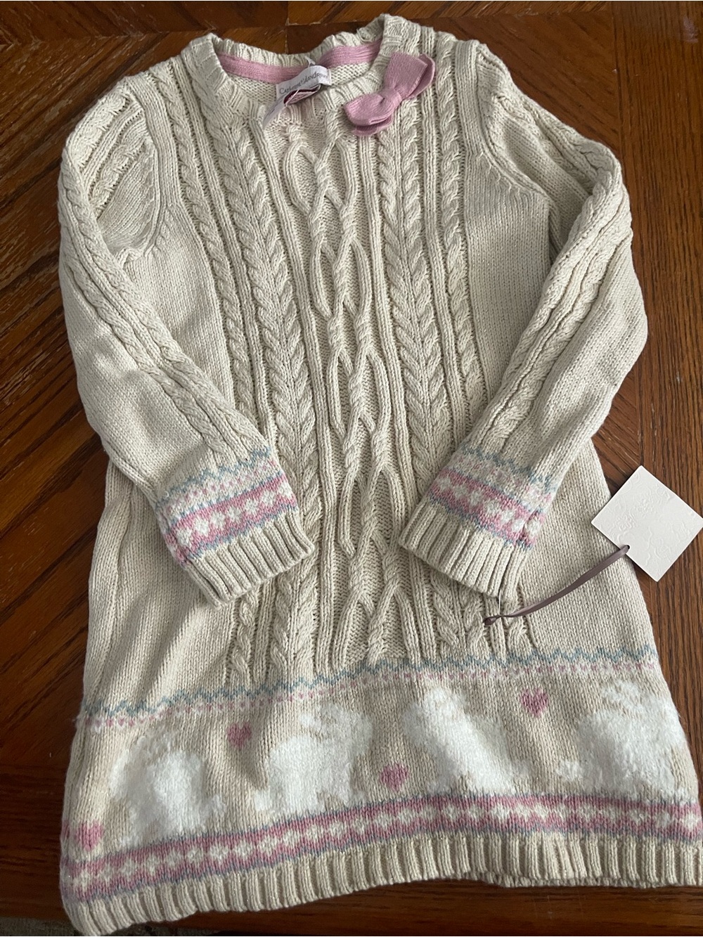 Catherine Malandrino Cream Cable Knit Sweater Dress with Pink Bow Trim